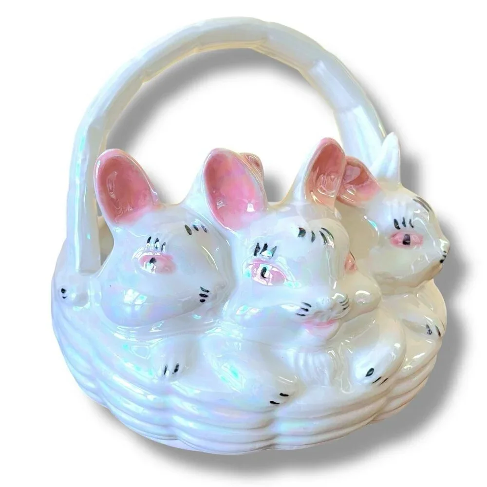 Vintage Atlantic Mold Ceramic Easter Basket Iridescent Bunny Rabbits Candy Dish